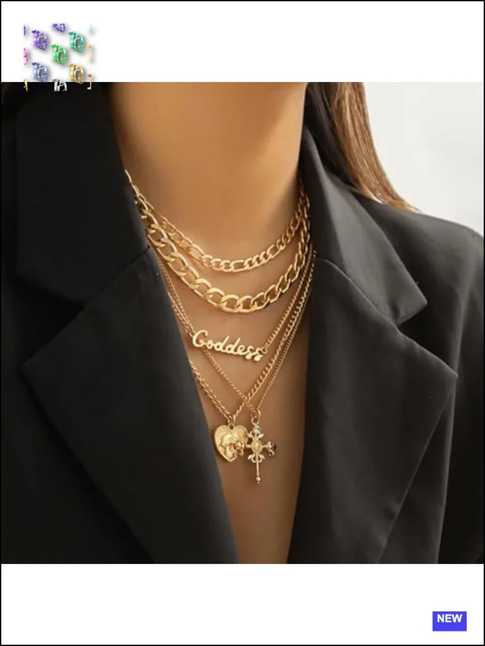 5 Pcs Chunky Layered Necklace Set Heart Locket Coin Cross Pendant Punk Hip Hop